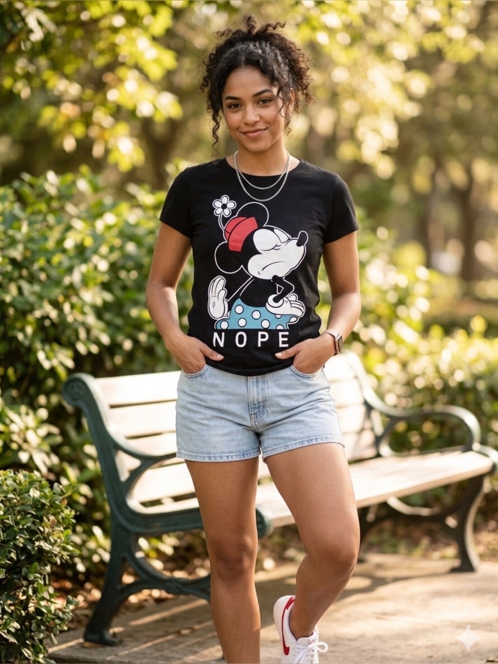 Disney Black Minnie Mouse 'NOPE' Graphic Tee with Red Bow‎ and Blue Polka Skirt